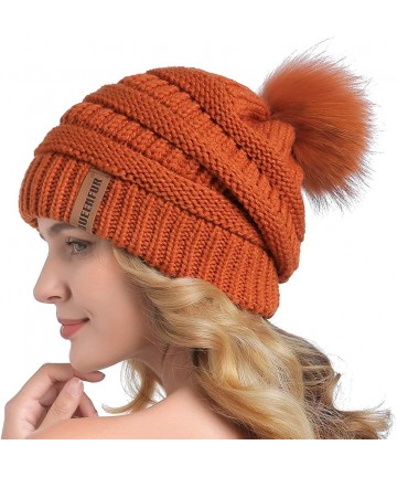 Skullies & Beanies Winter Real Fur Pom Pom Beanie Warm Oversized Chunky Cable Knit Slouch Beanie Hats for Women - Orange - C7...