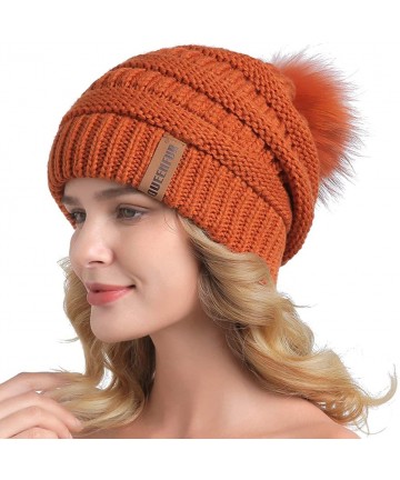Skullies & Beanies Winter Real Fur Pom Pom Beanie Warm Oversized Chunky Cable Knit Slouch Beanie Hats for Women - Orange - C7...