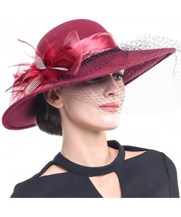 Bucket Hats Women Wool Felt Plume Church Dress Winter Hat - Veiling-claret - C112O12Z5YA $33.64