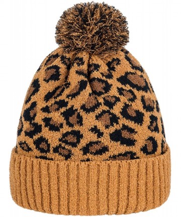 Skullies & Beanies Winter Beanie Hat Scarf Set Touch Screen Glove Warm Slouchy Pom Knit Skull Cap - Leopard With Pompom - C11...