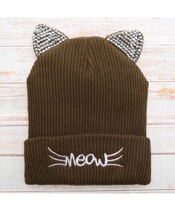 Skullies & Beanies Women's Soft Warm Embroidered Meow Cat Ears Knit Beanie Hat with Stone Embellished - Olive - CL18XQYW0LC $...