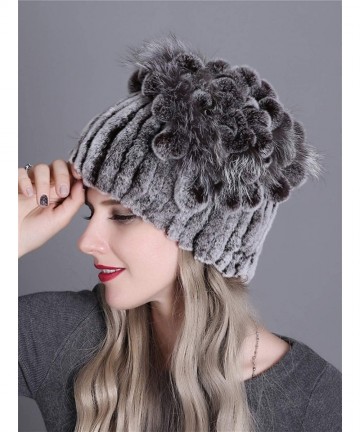 Skullies & Beanies Women Real Fur Warm Skullies Beanie- Rex Rabbit Fur Hat Winter Knit Hats with Fox Fur - Color 9 - CF18AGHA...