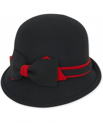 Bucket Hats Women's Wool Felt Cloche Bucket Winter Hat with Bow Trim - A. Black/Red - CV124XVC0D3 $44.32