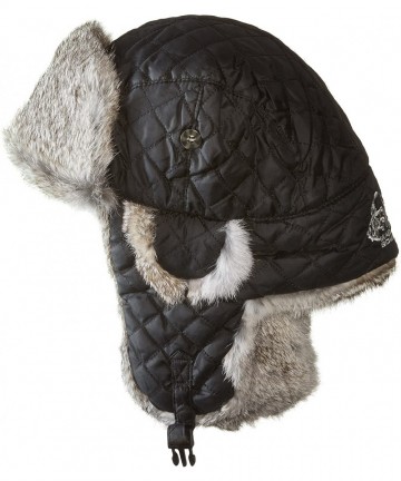 Bomber Hats Canvas Aviator Pilot Bomber Hat Real Rabbit Fur Trapper Hunting Cap - Black/Brown - CO11RM4WY8F $55.14