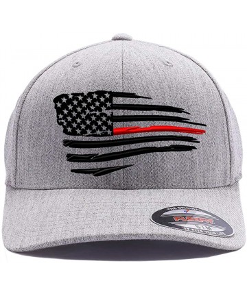 Baseball Caps Thin Red Line/Blue Line Waving USA Flag. Front & Back Embroidered- Flexfit 6277 Wooly Combed Cap. - Heather Gre...