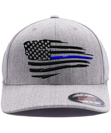 Baseball Caps Thin Red Line/Blue Line Waving USA Flag. Front & Back Embroidered- Flexfit 6277 Wooly Combed Cap. - Heather Gre...