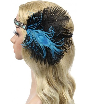 Headbands 1920s Flapper Headbands Great Gatsby Rhinestone Headpiece with Peacock Feather Jewel Hair Accessories - Blue - CD18...