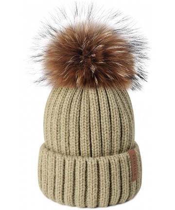 Skullies & Beanies Winter Knit Hat Detachable Real Raccoon Fur Pom Pom Womens Girls Warm Knit Beanie Hat - C112LVMP331 $39.81