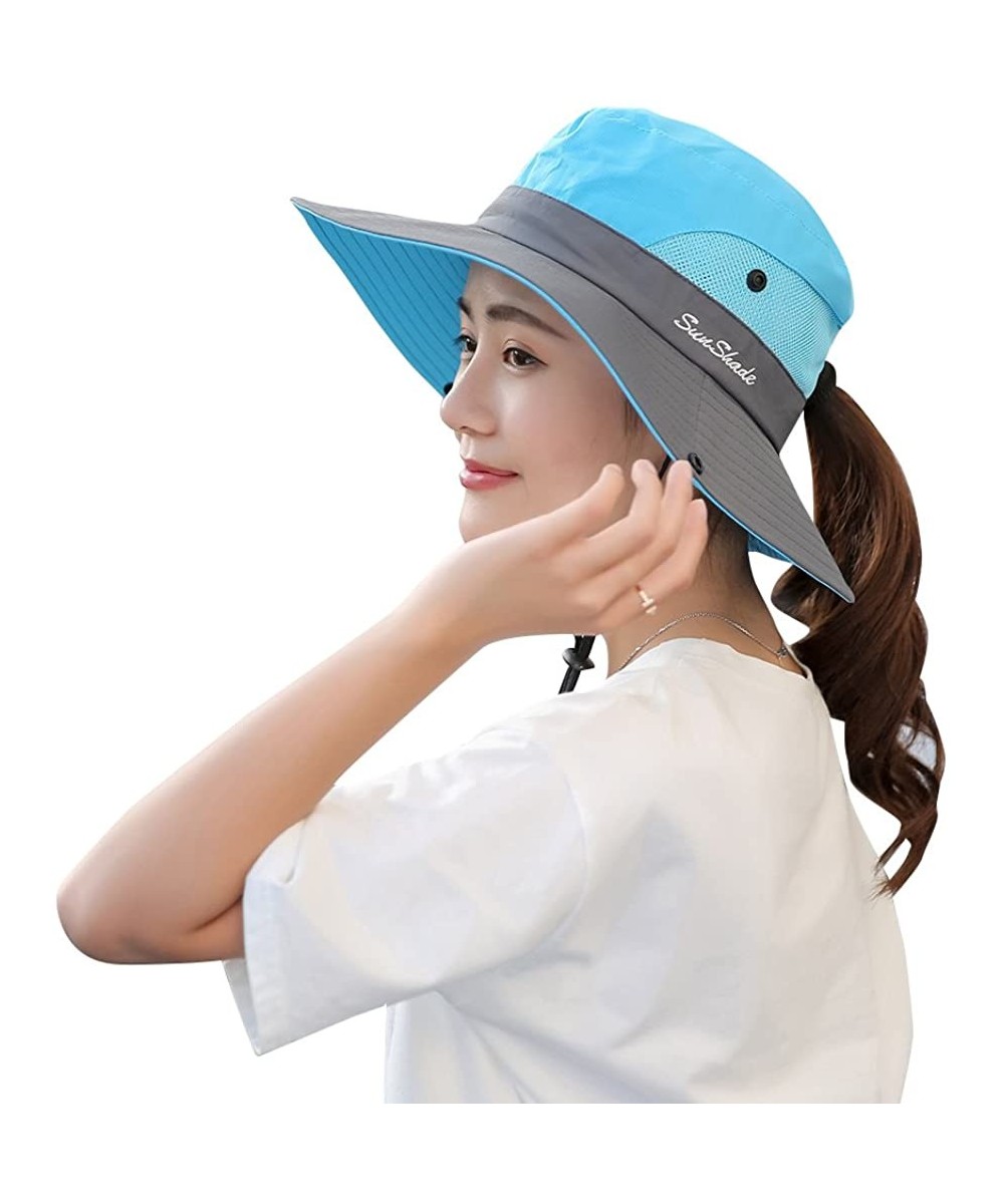 Sun Hats Women's Outdoor UV Protection Foldable Mesh Wide Brim Beach Fishing Hat - Sky Blue - CG18E0II5WQ $16.85