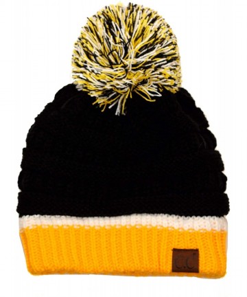 Skullies & Beanies Unisex College High School Team Color Two Tone Pom Pom Knit Beanie Hat - Black/Gold/White - CG18AIQOE84 $1...
