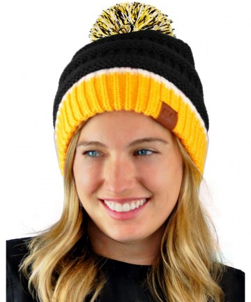 Skullies & Beanies Unisex College High School Team Color Two Tone Pom Pom Knit Beanie Hat - Black/Gold/White - CG18AIQOE84 $1...