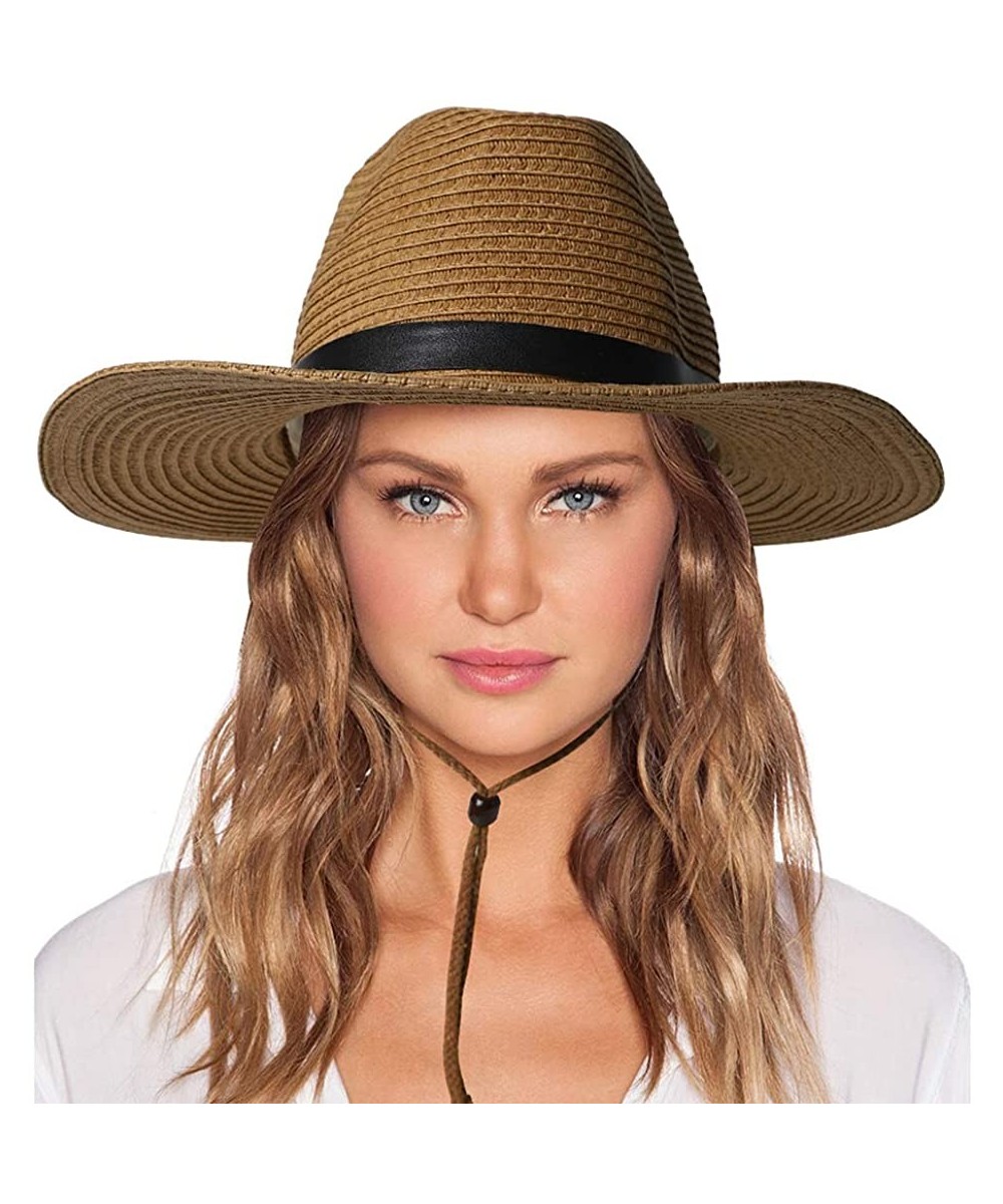 Sun Hats Womens Sun Hat with Wind Lanyard UPF Beach Packable Summer Cowboy Sun Straw Hats for Women Men - 001_khaki - CZ194X5...