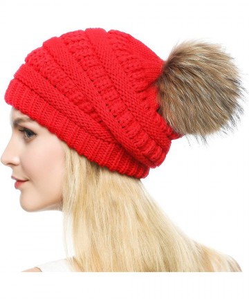 Skullies & Beanies Knit Hat for Womens Girls Fleece Winter Slouchy Beanie Hat with Real Raccon Fox Fur Pom Pom - Slouch Red -...