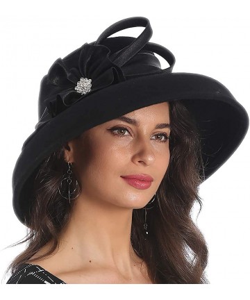Fedoras Women Wool Felt Plume Church Dress Winter Hat - Drown Brim-black - CY18L5TEA3X $34.50