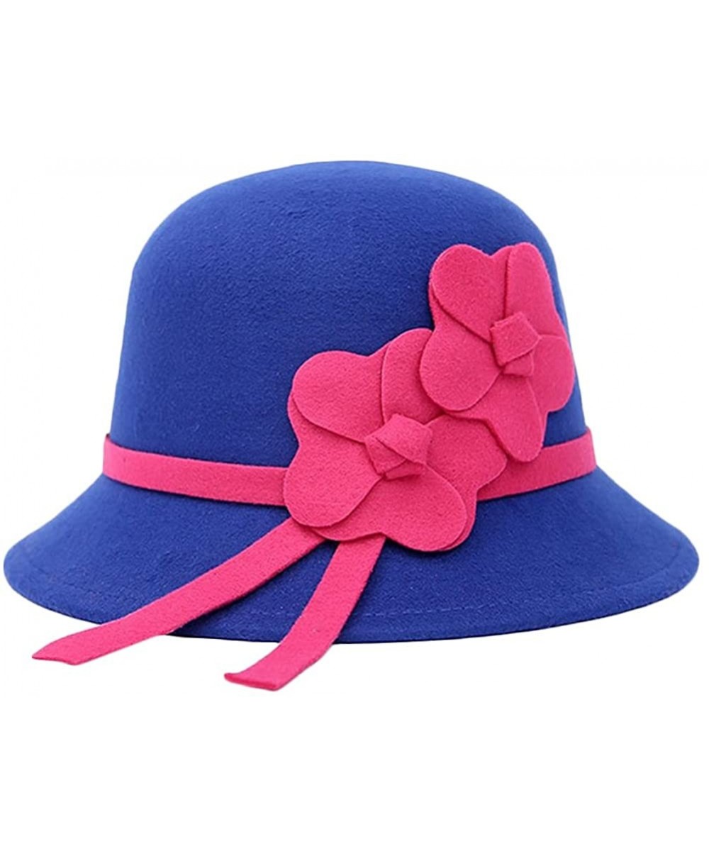Bucket Hats Flower Faux Wool Felt Cloche Bucket Bowler Hat for Women Church Hats Autumn Spring Winter - Royal Blue - CV17YDU9...