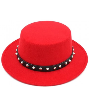Fedoras Women Ladies Wool Blend Boater Hat Wide Brim Pork Pie Caps Rivets Leather Band - Red - CE18H3CCYXZ $22.58