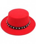 Fedoras Women Ladies Wool Blend Boater Hat Wide Brim Pork Pie Caps Rivets Leather Band - Red - CE18H3CCYXZ $15.96
