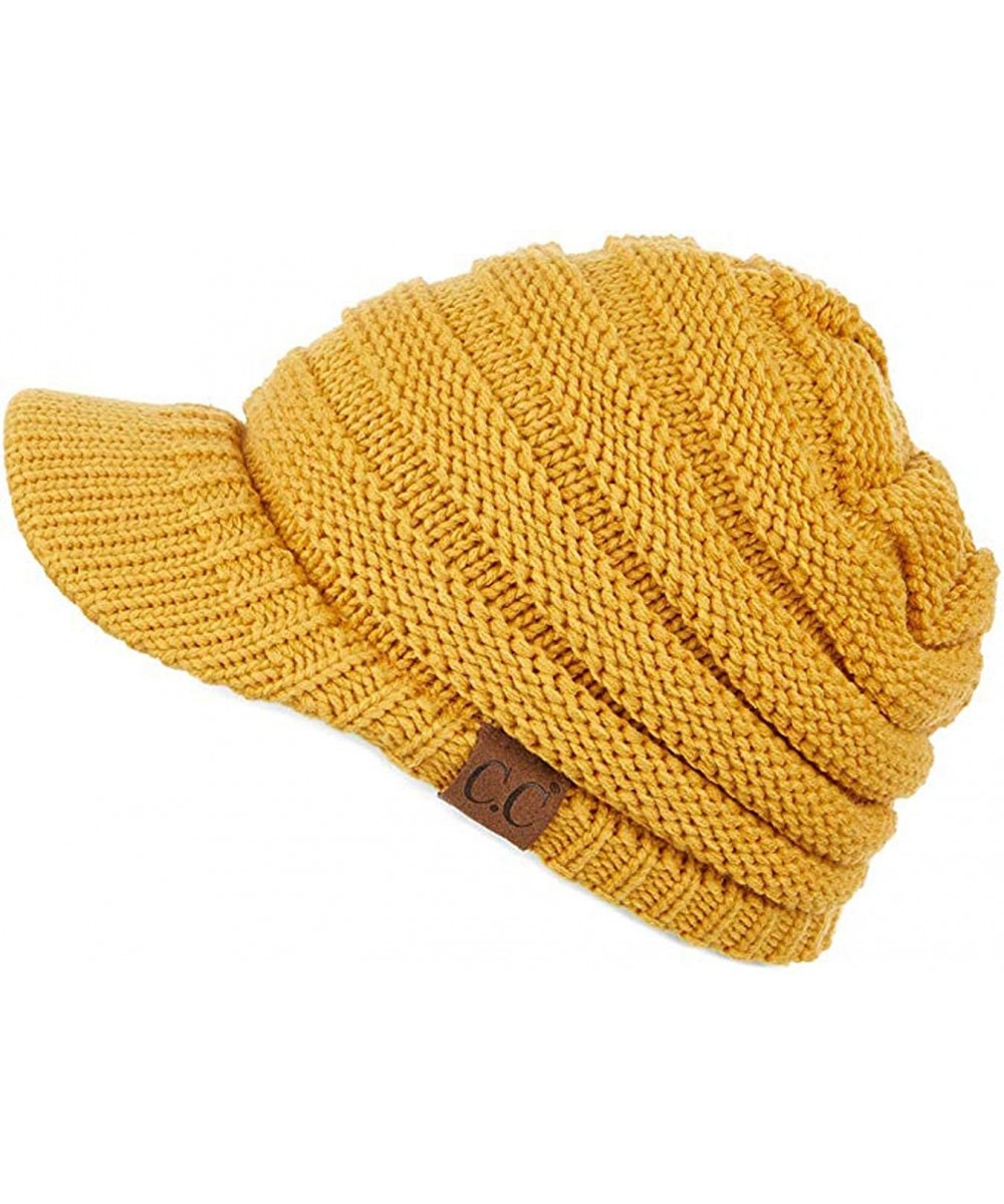 Skullies & Beanies Warm Cable Ribbed Knit Beanie Hat w/Visor Brim - Chunky Winter Skully Cap - Mustard - CV18A46Y2XE $19.16
