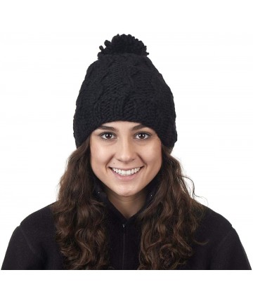 Skullies & Beanies Women's Puli Merino Wool Hand Knit Sherpasoft Fleece Lined Pom Hat - Black - C6186RQOG0Q $50.64