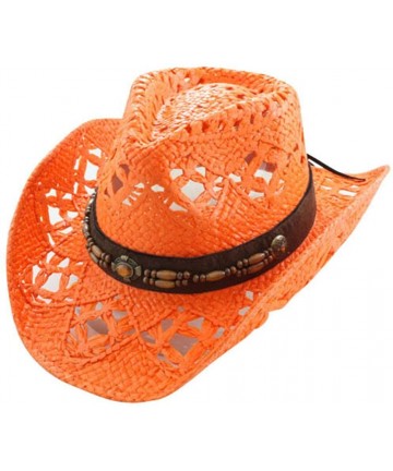Cowboy Hats Straw Cowboy Hat W/Vegan Leather Band & Beads- Shapeable Brim- Beach Cowgirl - Orange - CE11UYA76T5 $43.17