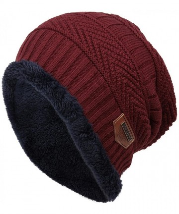 Skullies & Beanies Women Men Thick Warm Winter Beanie Hat Soft Stretch Slouchy Fleece Contrast Skully Knit Cap - Dark Red - C...