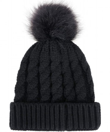 Skullies & Beanies Women's Winter Soft Knit Beanie Hat with Faux Fur Pom Pom - No Fleece Lined_black1 - CB12N6D2ZSP $20.83