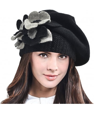 Berets Lady French Beret 100% Wool Beret Chic Beanie Winter Hat HY023 - Black - C412NSN74Y9 $36.66
