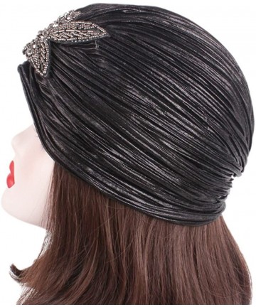 Skullies & Beanies Women's 20S Gatsby Turban Hat Noble Ruffle Glitter Pleated Stretch Head Wraps Chemo Cap - A-03 Black - CQ1...
