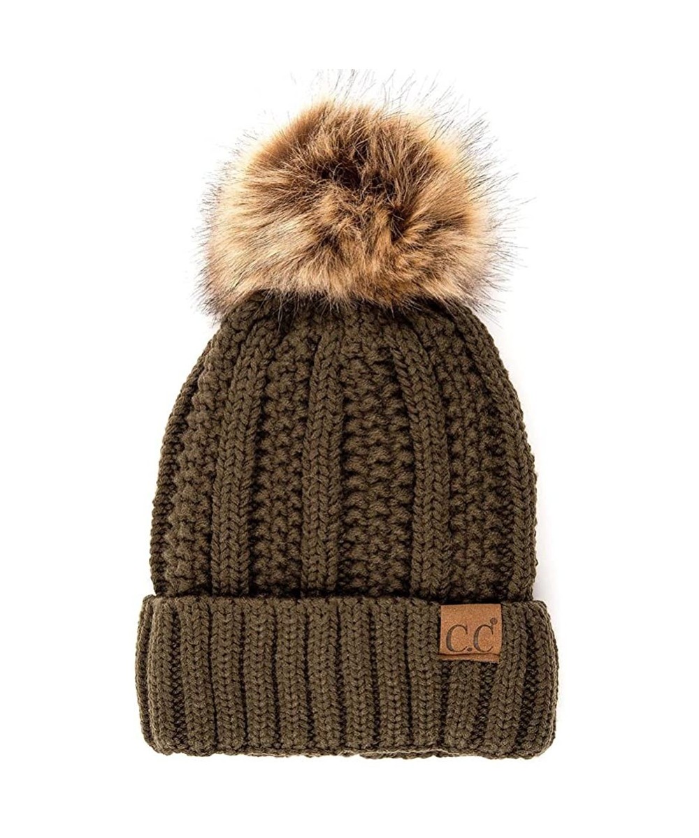 Skullies & Beanies Exclusive Knitted Hat with Fuzzy Lining with Pom Pom - New Olive - C318EXE2KTE $24.65