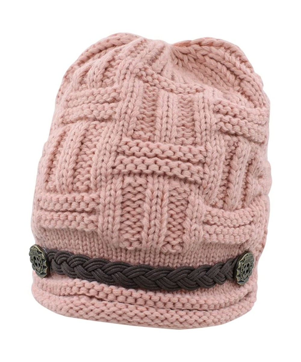 Skullies & Beanies Women's Fashion Winter Braided Warm Baggy Beanie Knit Crochet Ski Hat Cap - Pink - CU11QD19KZ3 $14.61