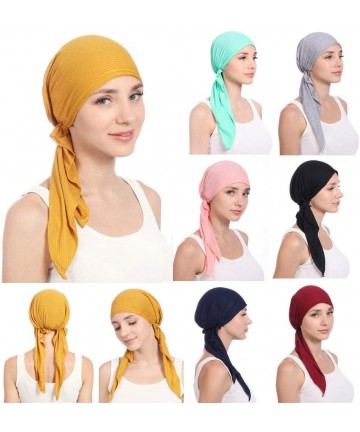 Skullies & Beanies Women Solid Color Muslim Hats-Long Tail Tail Band Cap India Beading Cotton Hair Tail Head Scarf Wrap (Gree...