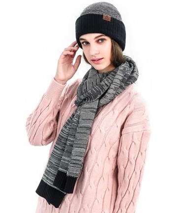 Skullies & Beanies Men's and Women's Soft Warm Knitted Pom Hat & Scarf Winter Set-Slouchy Knit Beanie Cap - Black Grey - CF18...