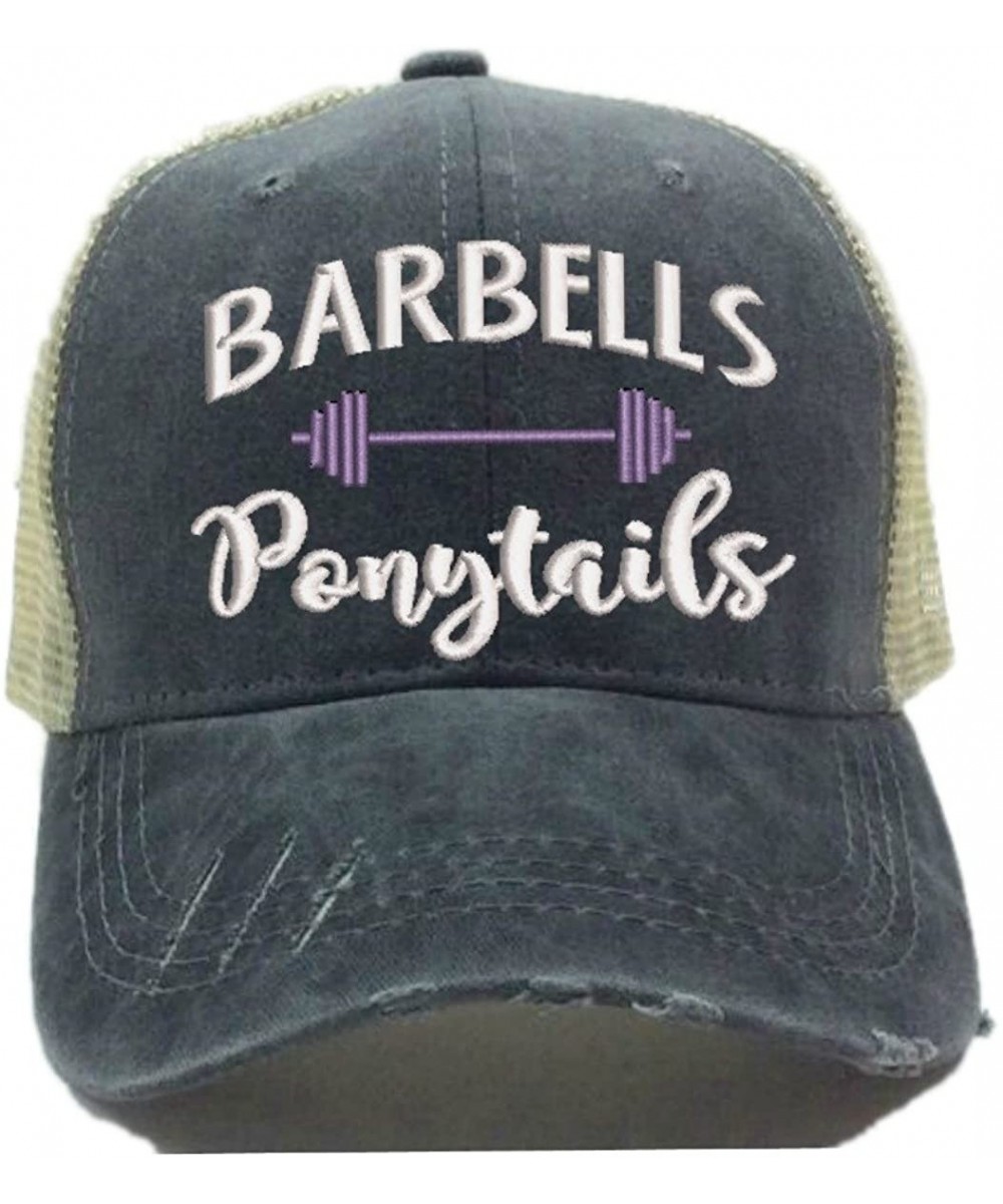 Baseball Caps Barbells Ponytails 2 Adult Custom Distressed Trucker Hat Women Funny Workout Ball Cap - Purple - CG18E6L5OOL $3...