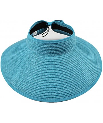 Sun Hats Women's Summer Foldable Straw Sun Visor w/Cute Bowtie UPF 50+ Packable Wide Brim Roll-Up Visor Beach Hat - Blue - C4...