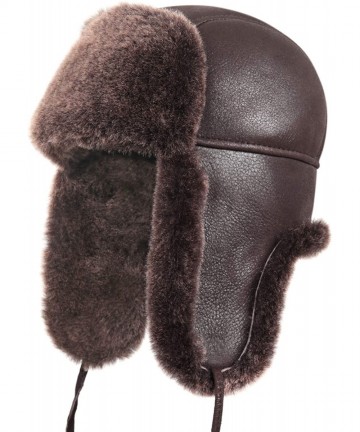 Bomber Hats Women's Shearling Sheepskin Aviator Russian Trapper Fur Winter Hat - Brown - CX11NH5JJXV $66.58