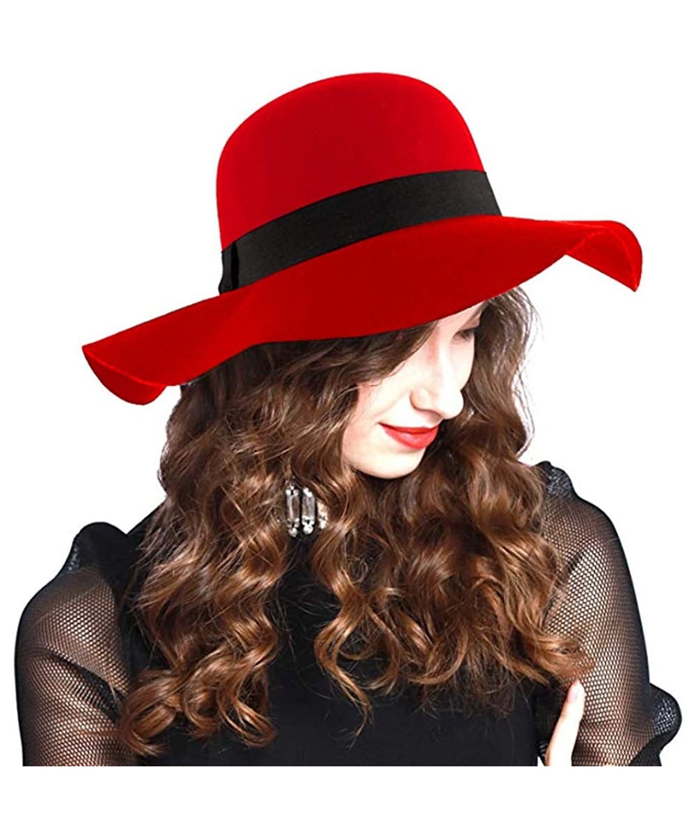 Fedoras Women's 100% Wool Felt Floppy Hat Fedora Wide Brim Cloche Bowler Hat Foldable - 01-red - C518KE95C7H $30.68