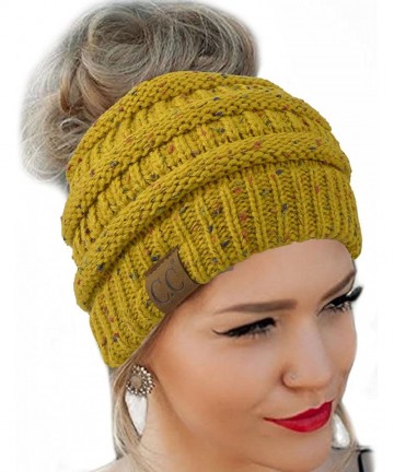 Skullies & Beanies Quality Knit Messy Bun Hat Beanie - Mustard Flecked - CC188I54YHG $16.66