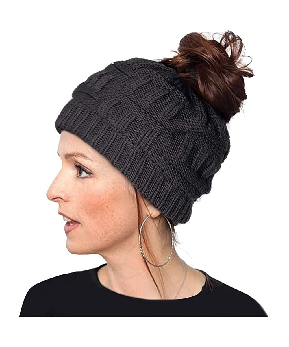 Skullies & Beanies Knit Hat- Ponytail Beanie Cap Outdoor Winter Stretch Cable Bun Knit Hat - Black - CH18AGCCCRG $13.88