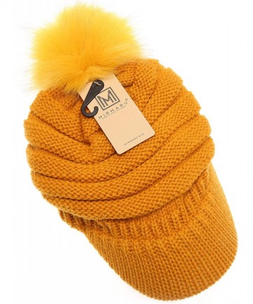 Skullies & Beanies Women's Soft Warm Ribbed Knit Visor Brim Pom Pom Beanie Hat with Plush Lining - Mustard - C818WISHGDK $18.91