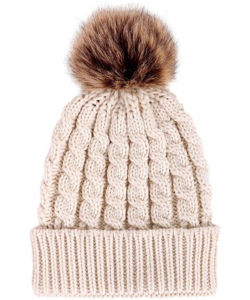 Skullies & Beanies Women's Winter Soft Chunky Cable Knit Pom Pom Beanie Hats Skull Ski Cap - Cream - CE188AOHWLH $21.07