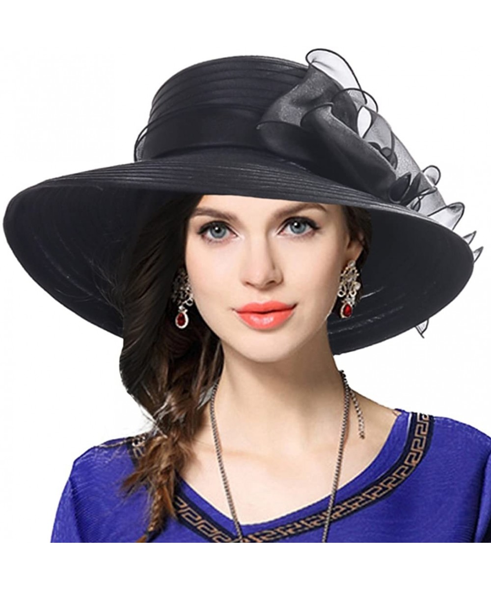 Bucket Hats Lady Derby Dress Church Cloche Hat Bow Bucket Wedding Bowler Hats - Wide Brim-black - C317YTI0GGU $32.07
