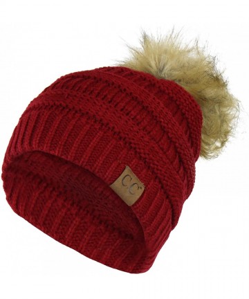 Skullies & Beanies Chunky Cable Knit Beanie Hat w/Faux Fur Pom Pom - Winter Soft Stretch Skull Cap - Burgundy - C312N1UQSFN $...