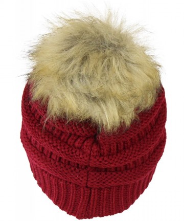 Skullies & Beanies Chunky Cable Knit Beanie Hat w/Faux Fur Pom Pom - Winter Soft Stretch Skull Cap - Burgundy - C312N1UQSFN $...