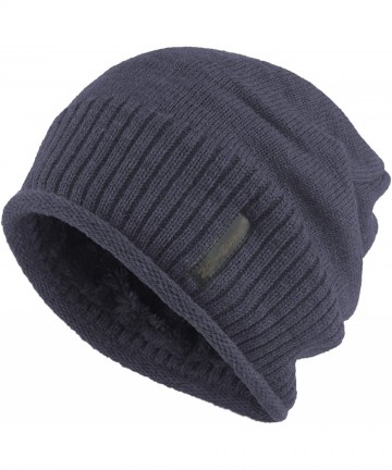 Skullies & Beanies Winter Slouchy Baggy Solid Knit Beanie Hat Fur Lined Skull Ski Cap - Navy - CR12NB2F28Z $14.24