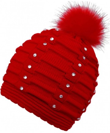 Skullies & Beanies Horizontal Cable Knit Beanie with Sequins and Faux Fur Pompom - Red - CO185LW5QI0 $13.57