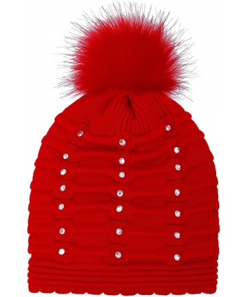 Skullies & Beanies Horizontal Cable Knit Beanie with Sequins and Faux Fur Pompom - Red - CO185LW5QI0 $13.57