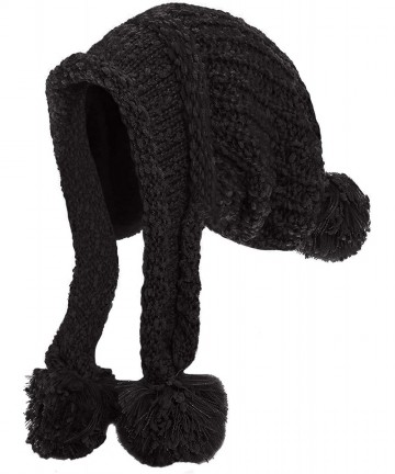 Skullies & Beanies Women's Thick Winter Ski Hat Peruvian Knitted Lined Pompom Beanie Earflap Snow Cap - Black - CI1956Y07G4 $...
