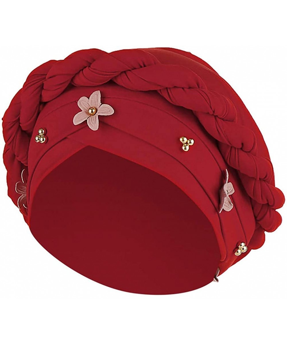 Skullies & Beanies Muslim Hat Pleated Twist Turbans for Women African Printing India Chemo Cap Flower Headwrap - Red - C418W8...