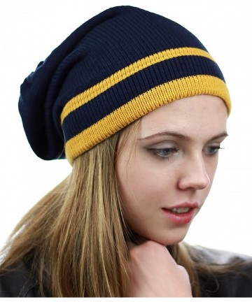 Skullies & Beanies Trendy Baggy Slouchy & Comfort Knitted Daily Beanie Hat w/Stripe - Navy/Mustard - CX12HPYEETX $13.55