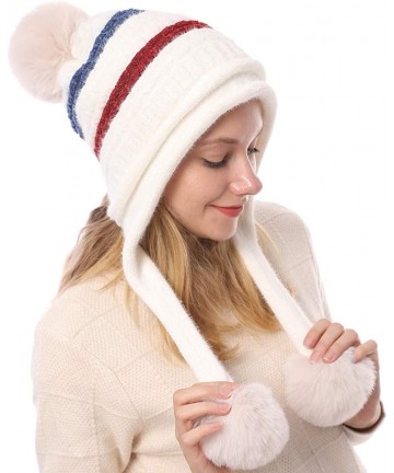 Skullies & Beanies Women Skull Beanie Hat Peruvian Cap Winter Fleeced Ski Ear Flaps Pompoms Cable Knitting - A4-9012-white - ...